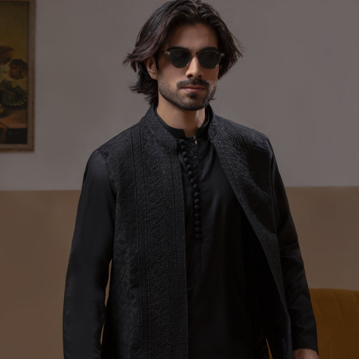 Jet Black Matte Front Open Waistcoat with IronEZ Kurta & Pyjama Set