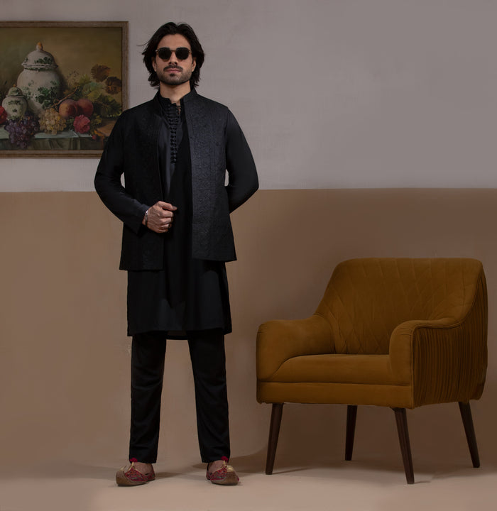 Jet Black Matte Front Open Waistcoat with IronEZ Kurta & Pyjama Set