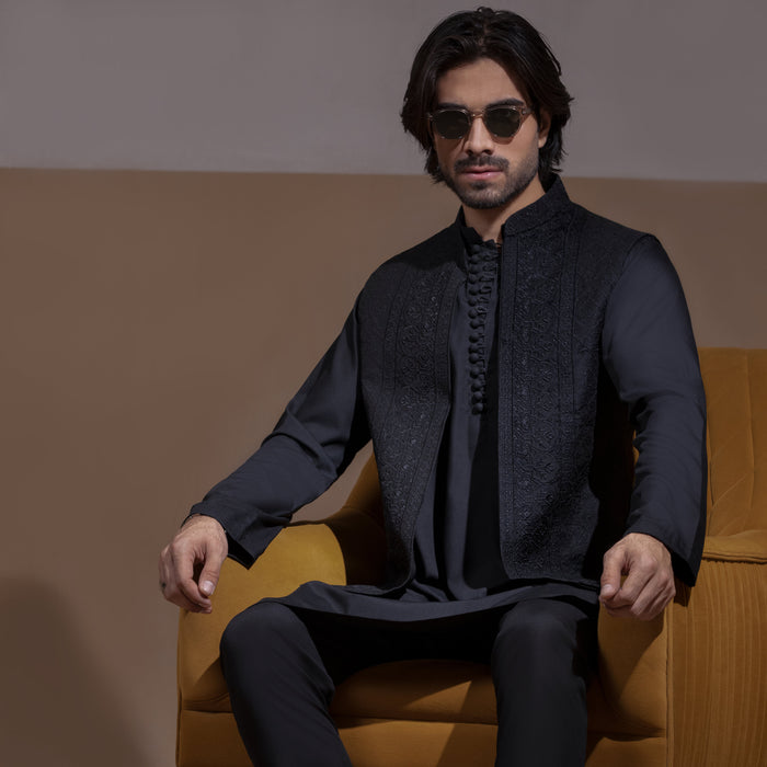 Jet Black Matte Front Open Waistcoat with IronEZ Kurta & Pyjama Set