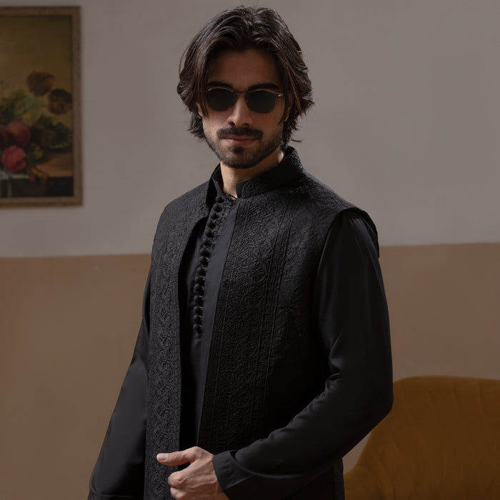 Jet Black Matte Front Open Waistcoat with IronEZ Kurta & Pyjama Set