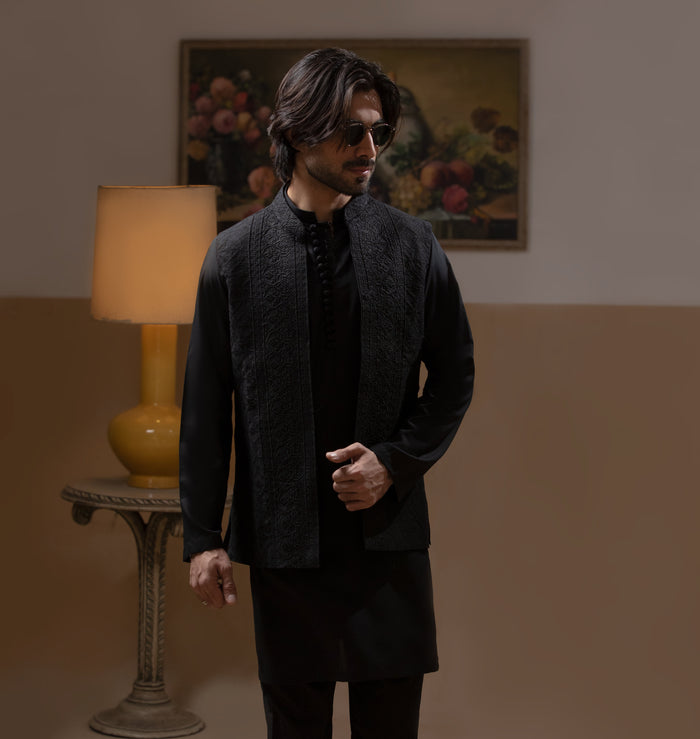 Jet Black Matte Front Open Waistcoat with IronEZ Kurta & Pyjama Set