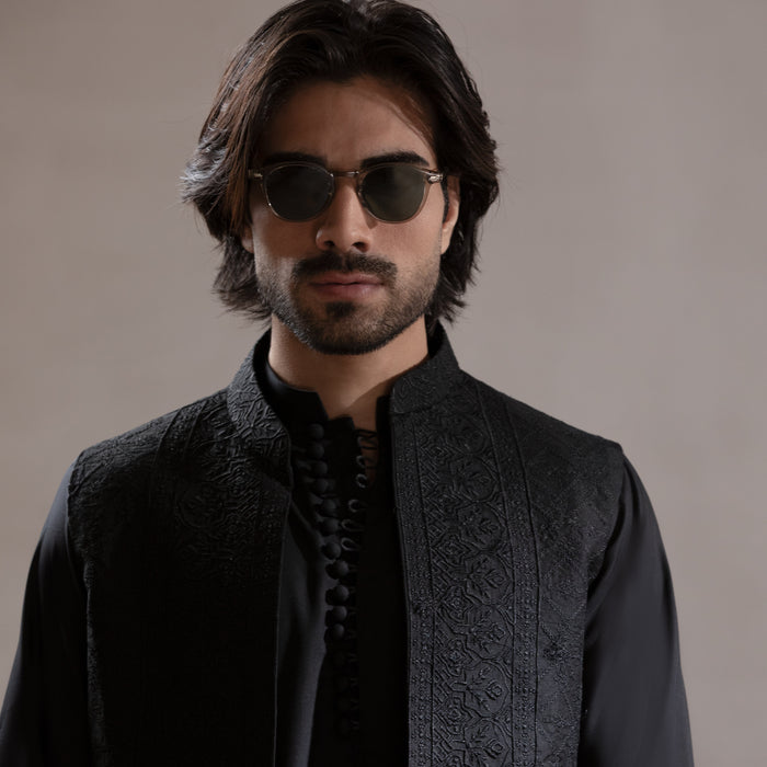 Jet Black Matte Front Open Waistcoat with IronEZ Kurta & Pyjama Set