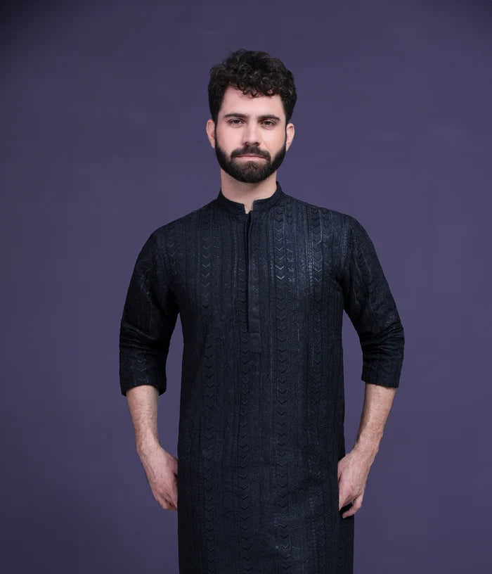 Jet black persian art embroidered kurta pyjama set