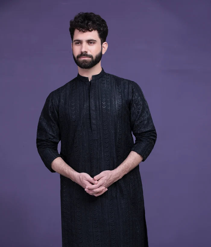 Jet black persian art embroidered kurta pyjama set