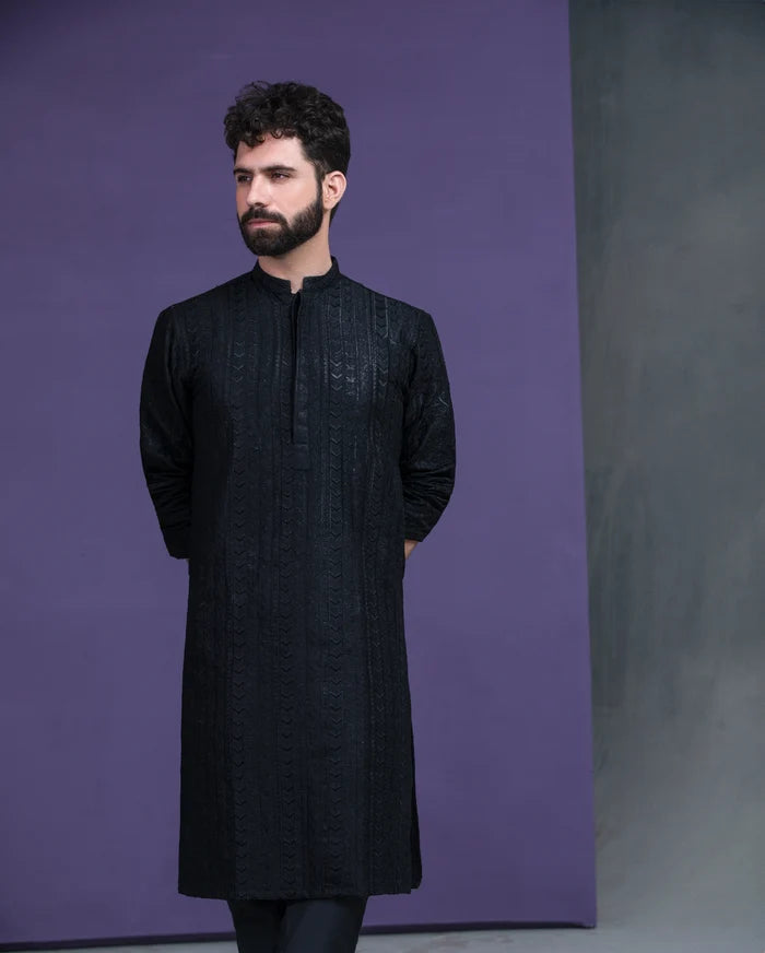 Jet black persian art embroidered kurta pyjama set