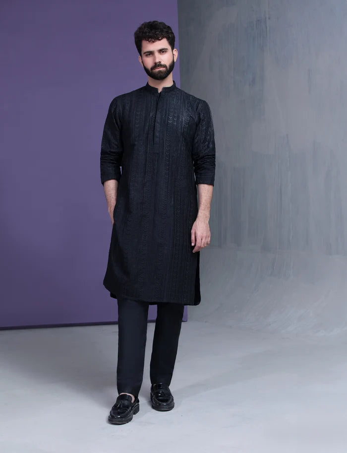 Jet black persian art embroidered kurta pyjama set