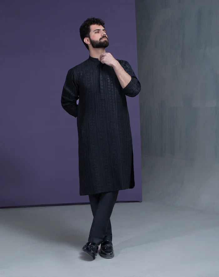 Jet black persian art embroidered kurta pyjama set