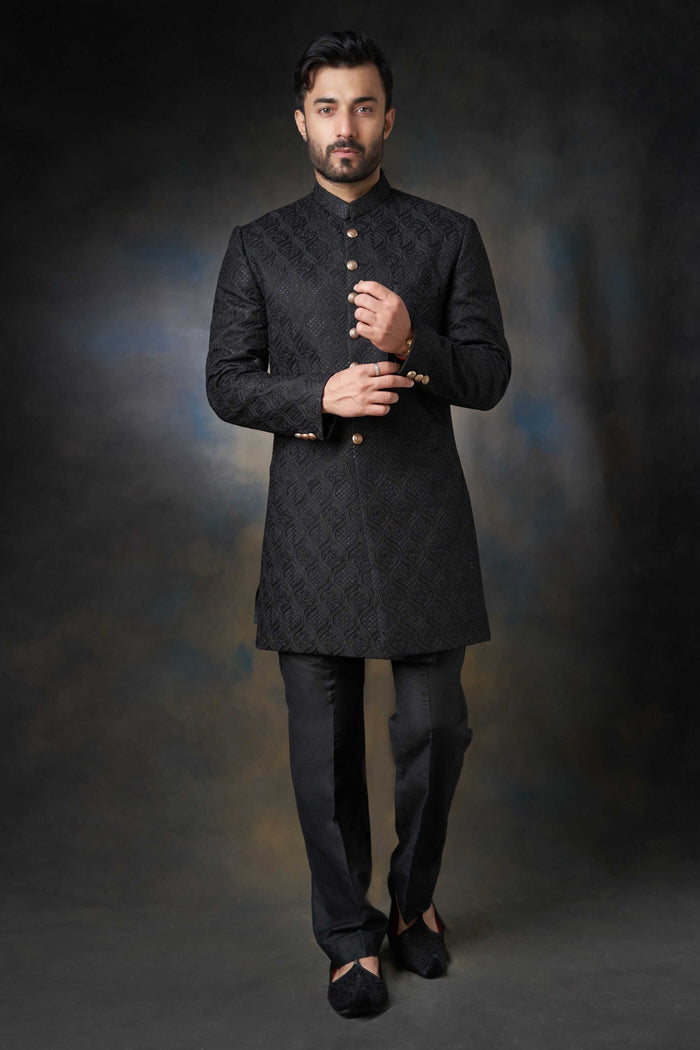 Jet Black Persian Gardens Short Length Sherwani, Regal Wedding Wear.