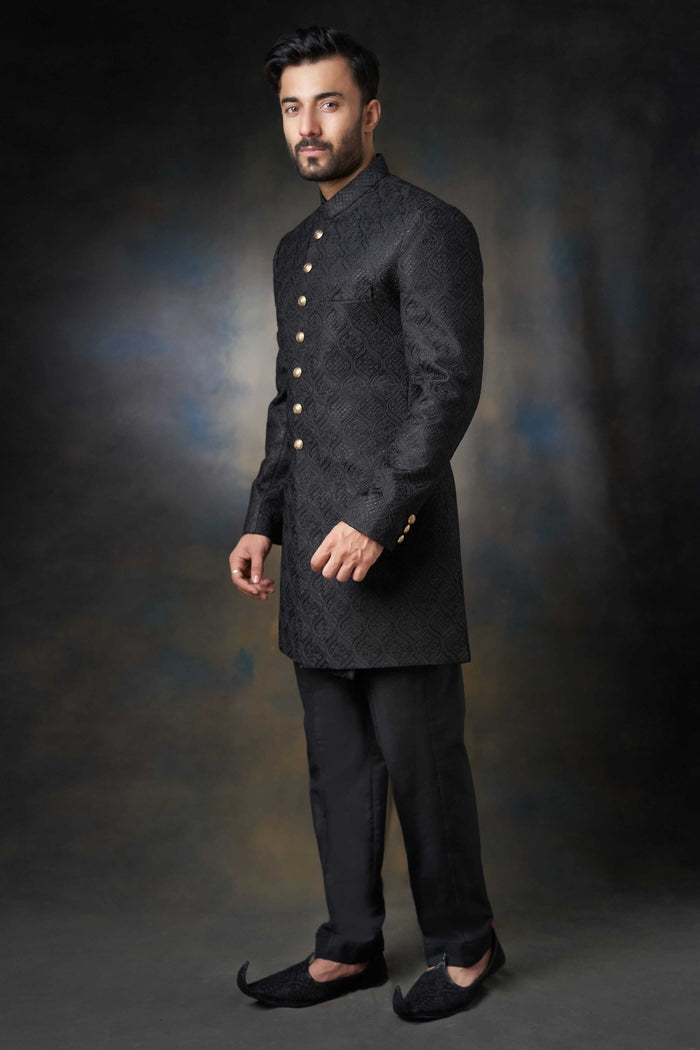Jet Black Persian Gardens Short Length Sherwani, Regal Wedding Wear.