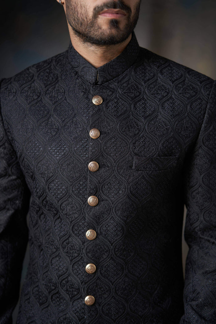 Jet Black Persian Gardens Short Length Sherwani, Regal Wedding Wear.