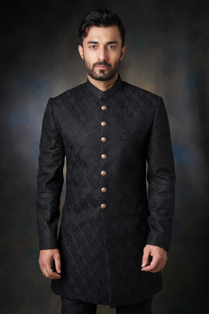 Jet Black Persian Gardens Short Length Sherwani, Regal Wedding Wear.