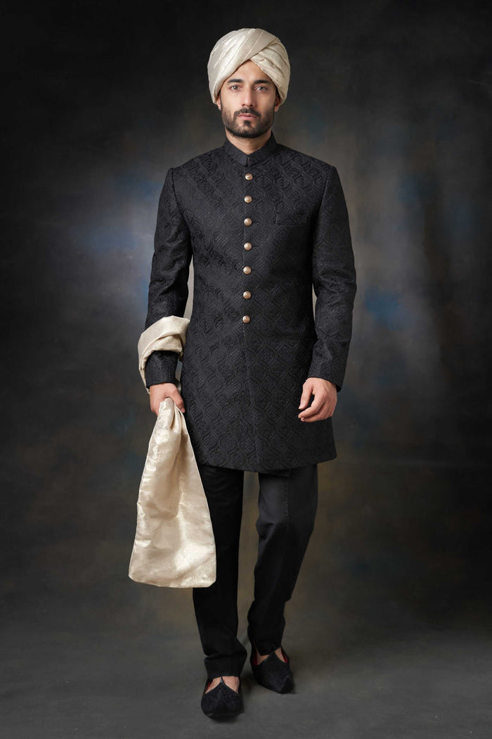 Jet Black Persian Gardens Short Length Sherwani, Regal Wedding Wear.