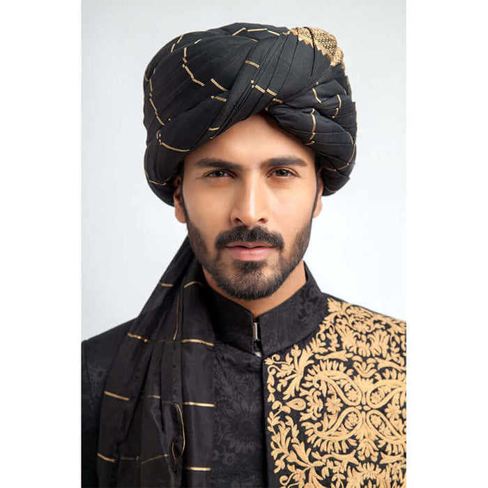 Jet Black Pure Jamavar Silk Form Fitted Sherwani by Arsalan Iqbal
