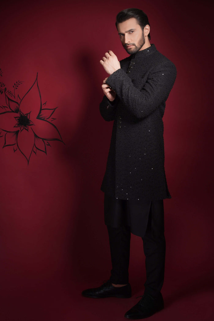 Jet Black Sequined Sherwani for Men – Elegant Formal Attire with Subtle Sparkle