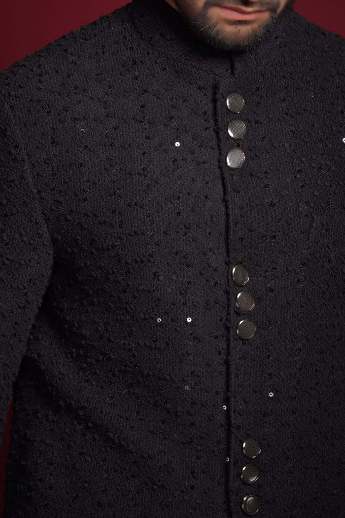 Jet Black Sequined Sherwani for Men – Elegant Formal Attire with Subtle Sparkle