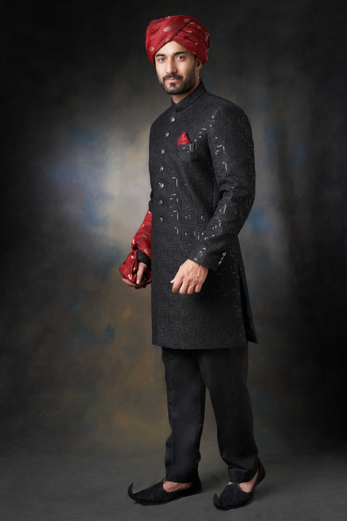 Jet Black Short Length Sherwani with Sequins Detailing, Elegant Wedding Wear.