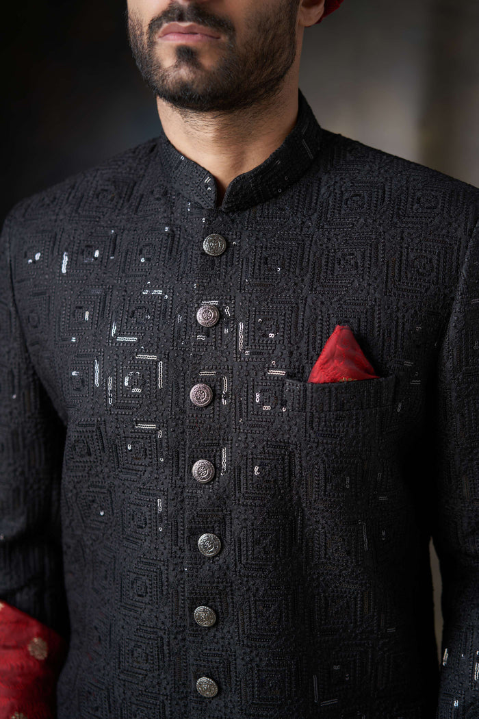 Jet Black Short Length Sherwani with Sequins Detailing, Elegant Wedding Wear.