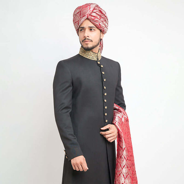 Jet Black Velet Form Fitted Sherwani with Zardori Collar