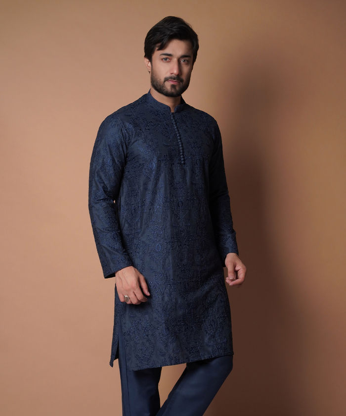Jugnoo - Navy blue embroidered kurta pyjama set