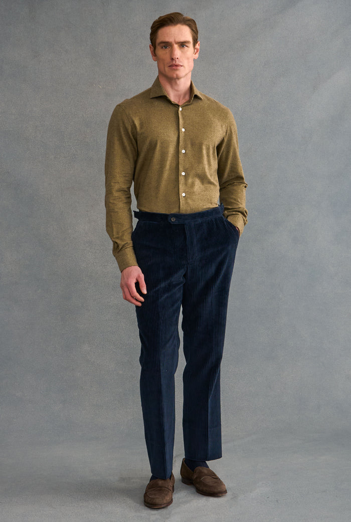 Khaki Herringbone Cutaway Collar Standard Fit Flannel Shirt