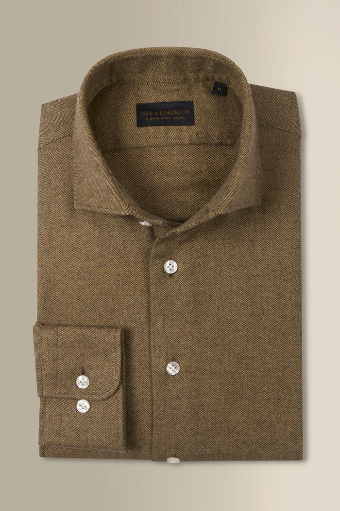 Khaki Herringbone Cutaway Collar Standard Fit Flannel Shirt