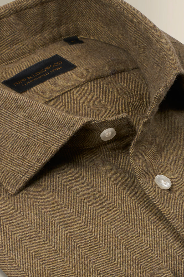 Khaki Herringbone Cutaway Collar Standard Fit Flannel Shirt