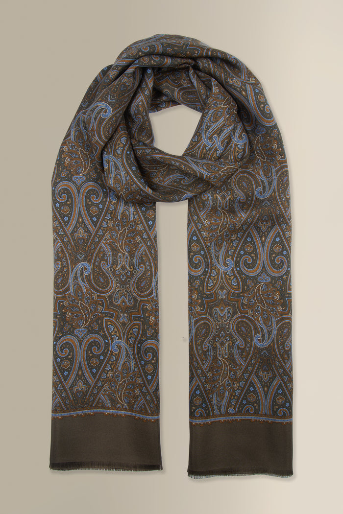 Khaki Paisley Printed Silk Scarf