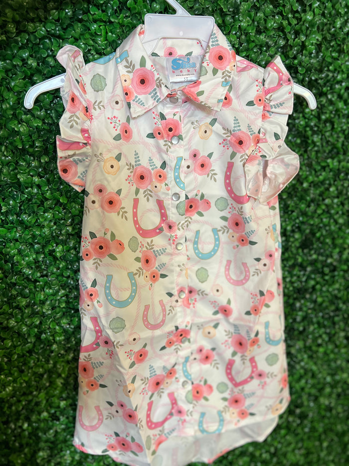 Kids Floral Pink Pearl Snap Dress