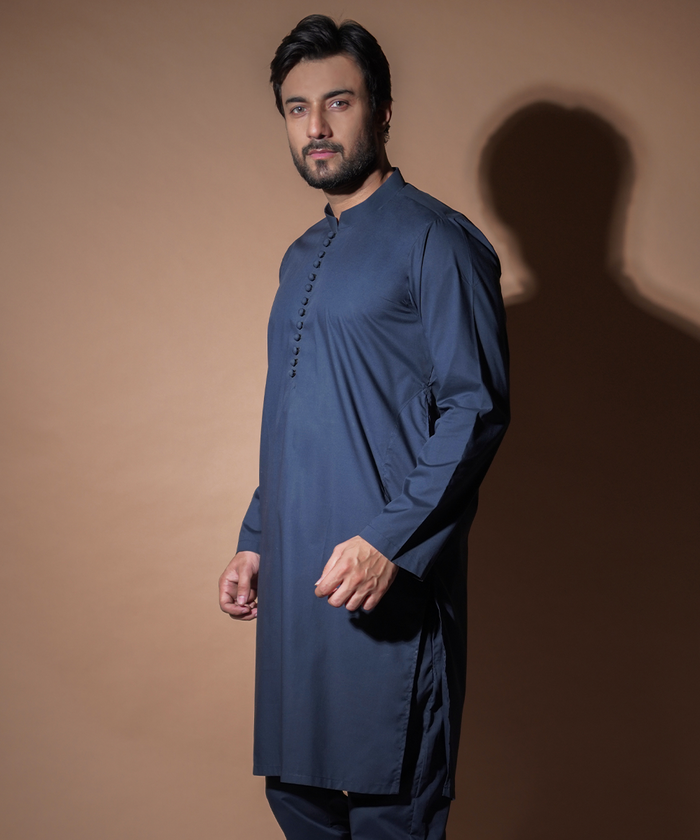 Kurta / Pants - Navy Blue with pearl loop buttons.