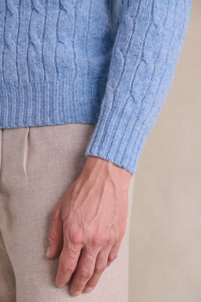Light Blue Lambswool Cable Knit Crew Neck Jumper
