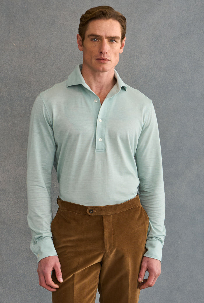 Light Blue One Piece Collar Cotton & Cashmere Popover Shirt