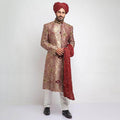 Light Gold and Maroon Pure Brocade Jamavar Form Fitted Sherwani with rich embroidery