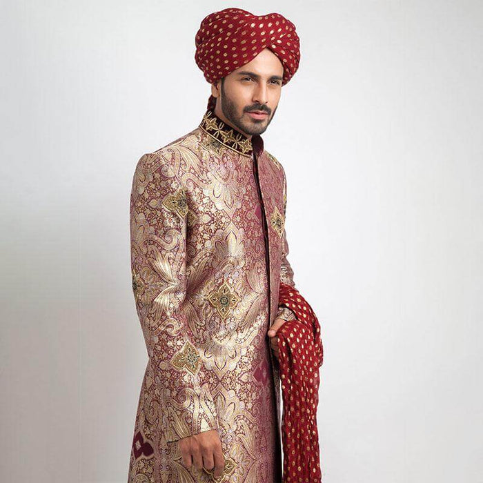 Light Gold and Maroon Pure Brocade Jamavar Form Fitted Sherwani with rich embroidery