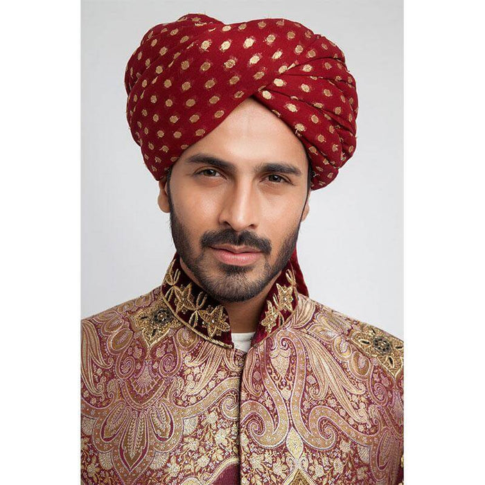 Light Gold and Maroon Pure Brocade Jamavar Form Fitted Sherwani with rich embroidery