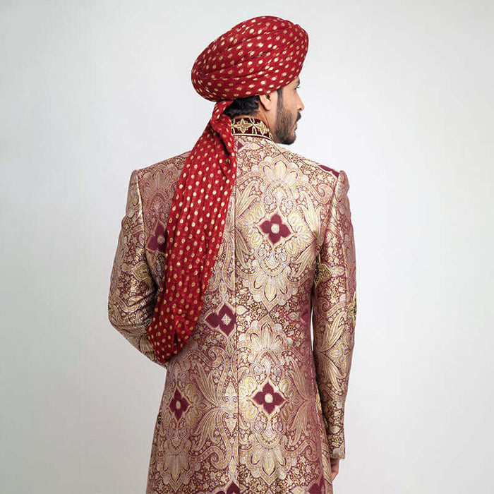 Light Gold and Maroon Pure Brocade Jamavar Form Fitted Sherwani with rich embroidery