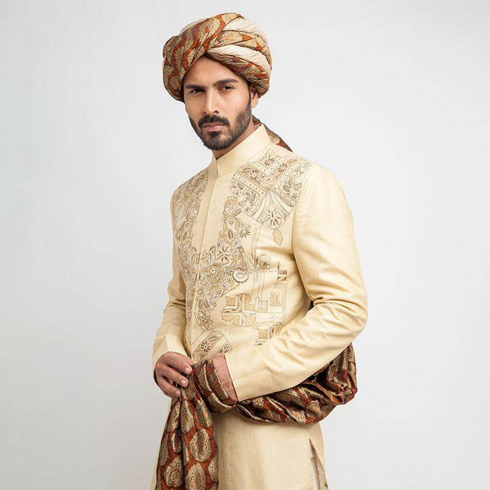 Light Gold Merino Wool-Silk Blend Groom Sherwani with exquisite craftsmanship