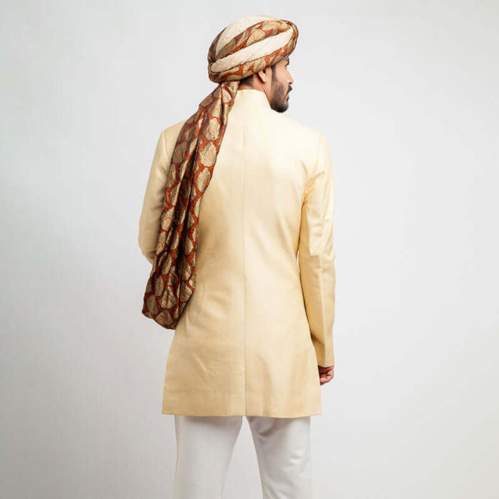Light Gold Merino Wool-Silk Blend Groom Sherwani with exquisite craftsmanship