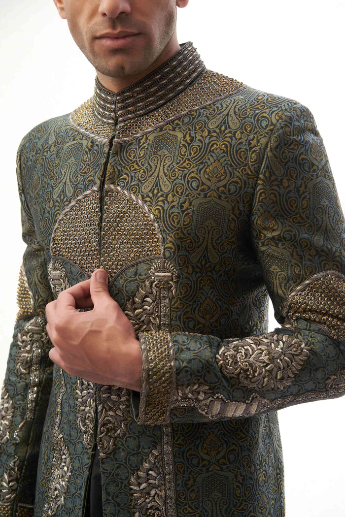 Black & Grey Engineered Brocade Sherwani – Sophisticated brocade fabric with a modern engineered design for a regal look.