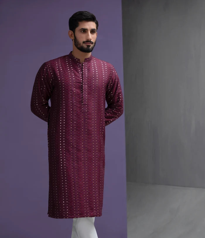 Maroon symmetrical cotton jacquard kurta set