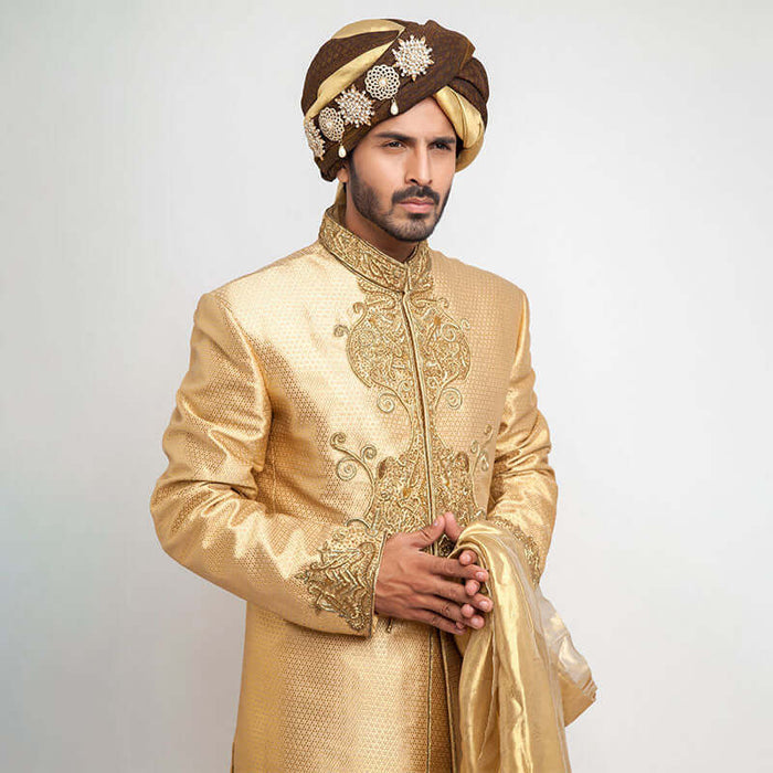 Medium Gold Pure Jamavar Silk Form-Fitted Sherwani with intricate design details