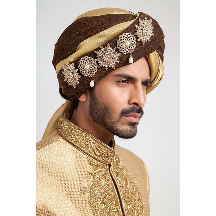 Medium Gold Pure Jamavar Silk Form-Fitted Sherwani with intricate design details