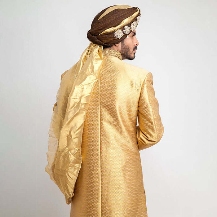 Medium Gold Pure Jamavar Silk Form-Fitted Sherwani with intricate design details