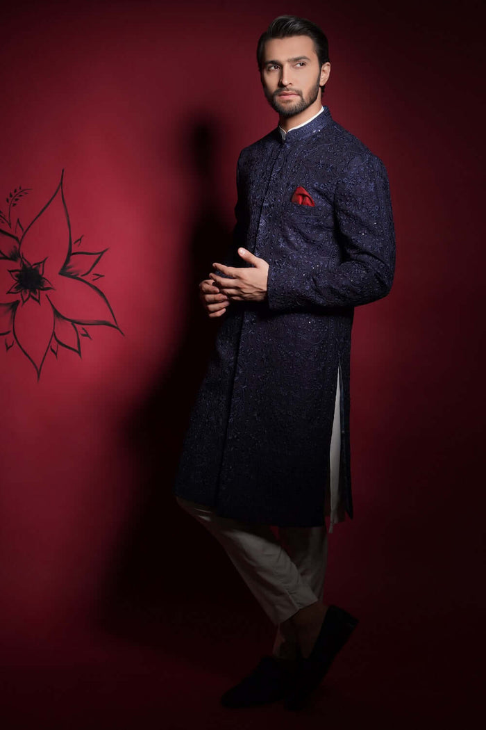 Midnight Blue Persian Painting Sherwani – Exquisite Sherwani Inspired by Traditional Persian Art