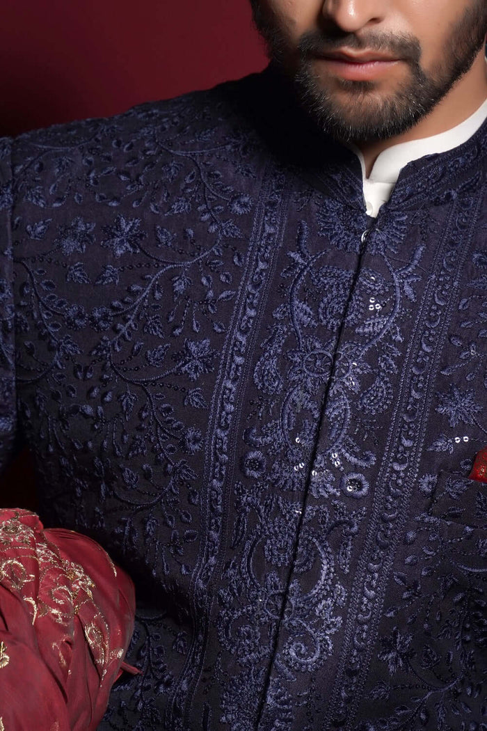 Midnight Blue Persian Painting Sherwani – Exquisite Sherwani Inspired by Traditional Persian Art
