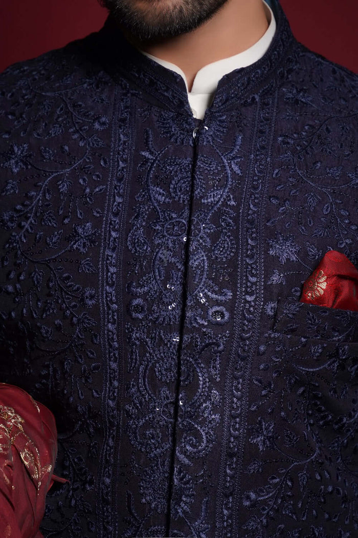 Midnight Blue Persian Painting Sherwani – Exquisite Sherwani Inspired by Traditional Persian Art