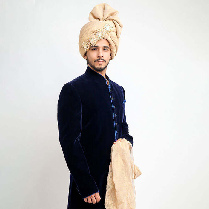 Elegant jet black cocktail sherwani in velvet with sleek form-fitted cut