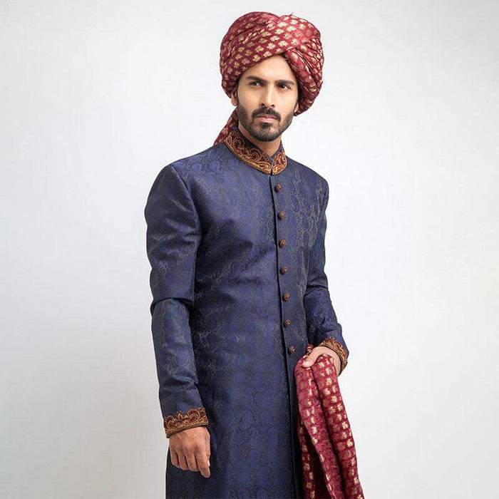 Men Blue Pure Jamavar Fitted Sherwani with Zardozi Embroidery