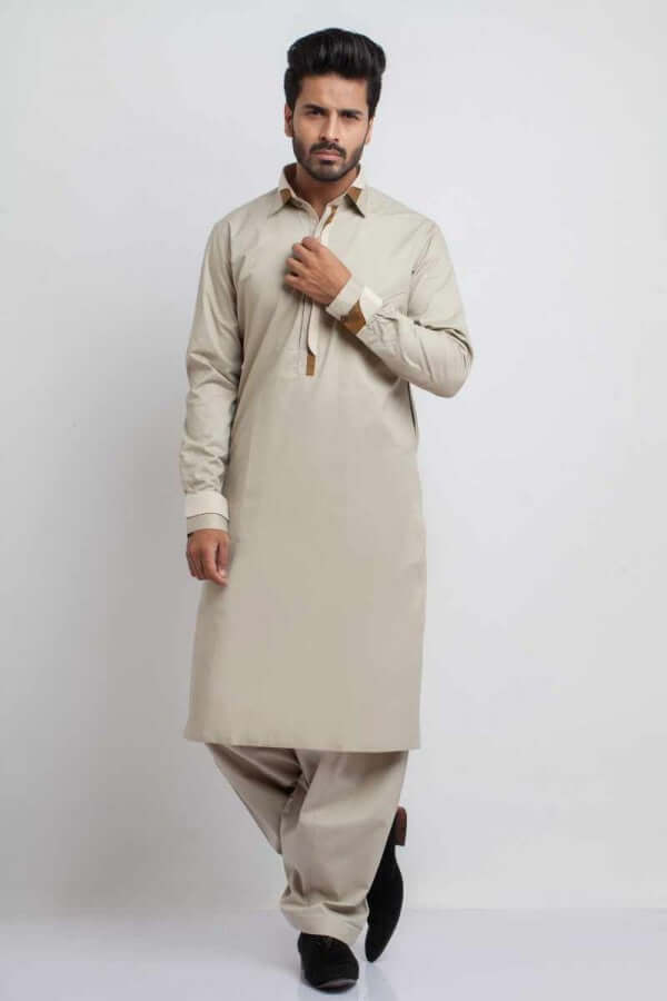 Cotton Shalwar Kameez with Exquisite Detailing on Collar, Cuff, and Placket - Elegant Traditional Wear
