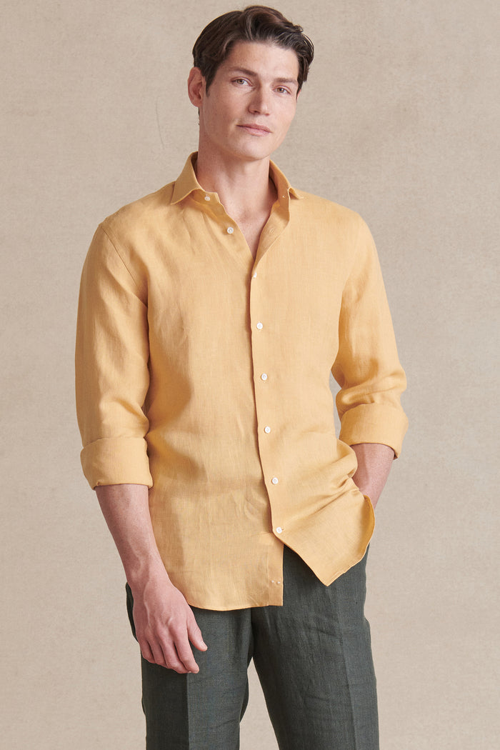 Mustard Cutaway Collar Standard Fit Linen Shirt