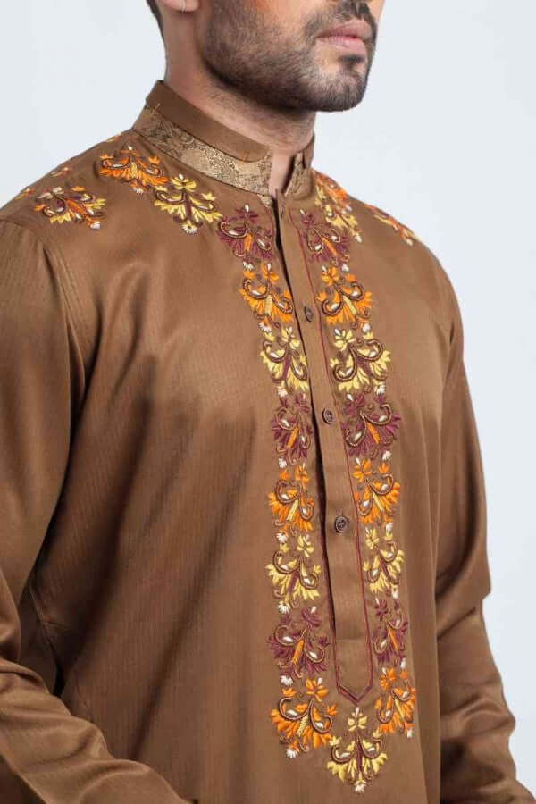 Mustard Embroidered Shalwar Kameez – Stylish Traditional Wear with Elegant Embroidery